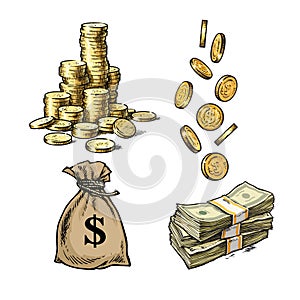 Finance, money set. Sketch of stack of coins, paper money, sack of dollars falling gold coins in different positions