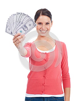 Finance, money and winner with portrait of woman for investment, success and growth. Cash, dollar and happy face of girl