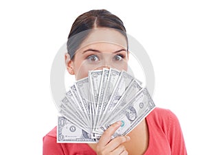 Finance, money and winner with portrait of woman for investment, success and growth. Cash, dollar and wow with girl