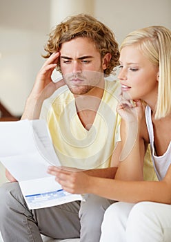 Finance, paper and couple with documents in a house for future planning, investment or asset management. Paperwork