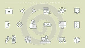 Finance and Payments concept line style vector icons set.