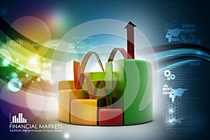 Finance pie and bar chart graphs with growing arrow