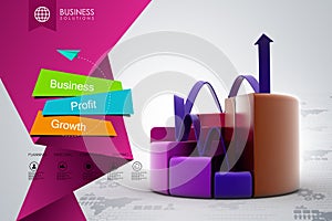 Finance pie and bar chart graphs with growing arrow