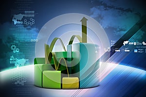 Finance pie and bar chart graphs with growing arrow