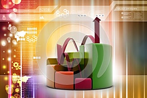 Finance pie and bar chart graphs with growing arrow