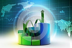 Finance pie and bar chart graphs with growing arrow