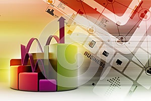 Finance pie and bar chart graphs with growing arrow