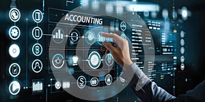 Finance Professional Interacts with Futuristic Accounting Interface Displaying Key Financial Indicators and Tools