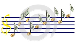 Finance raising by dollar music notes diagram. Isolated.