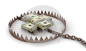 Finance risk concept. Money on bear trap.