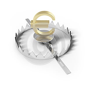 Finance risk concept. Sign euro on bear trap.