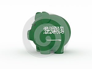 Finance, saving money, piggy bank on white background. Saudi Arabia flag. 3d illustration