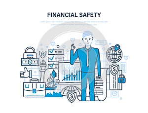 Finance security and payment safety, insurance, protection, purchases, money transfers.