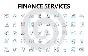 Finance services linear icons set. Investment, Budgeting, Taxation, Accounting, Wealth, Retirement, Savings vector