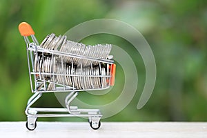 Finance, Stack of gold coins money in mini shopping cart on natural green background, Business investment growth and Save money