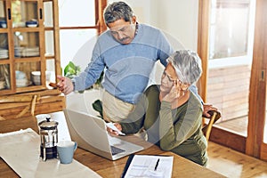 Finance, stress and senior couple on laptop with bills, paperwork and documents for life insurance. Retirement, pension