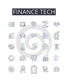 Finance tech line icons collection. Mtary Policy, Interest Rates, Reserve Requirements, Inflation, GDP, Currency