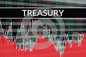 Finance term Treasury on black and red financial background. Financial market concept