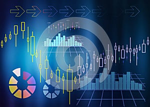 Finance trading. Digital charts with statistic information on blue background