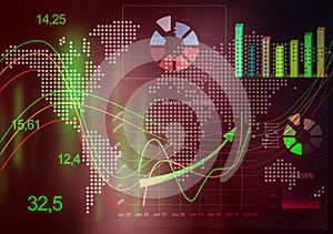 Finance trading. Digital charts with statistic information and world map