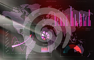 Finance trading. Digital charts with statistic information and world map