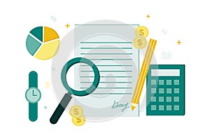 Finance. Vector audit illustration. On the document are a magnifier, a pencil, coins, next to a calculator, chart