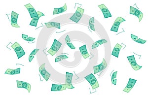 Finance vector background. Money rain, green bills fly on white backdrop. Casino jackpot concept. Dollar Usa banking