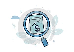 Finance. Vector illustration of audit. A document in a magnifier glass, on which there is a dollar sign and a broken