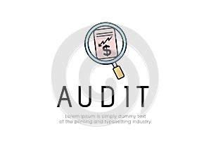 Finance. Vector illustration of audit logo. There is a document in a magnifying glass with a dollar sign and a broken down arrow,
