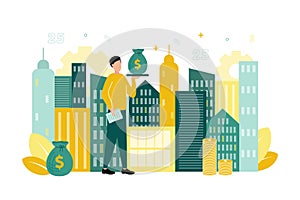 Finance. Vector illustration of financial management. A man with documents and a tray in his hands, on which a money bag