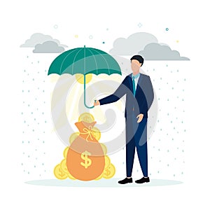 Finance. Vector illustration insurance. A man holds an umbrella over a money bag with coins, against a background of gray clouds