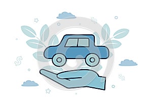 Finance. Vector illustration of leasing. In the palm of your hand a car, against a background of leaves, clouds, dollar