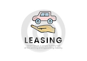 Finance. Vector illustration logo leasing. On the palm of the car, the inscription leasing