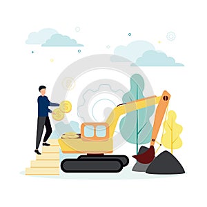 Finance. Vector illustration of resource financing. A man standing on a ladder throws coins into an excavator that collects coal,