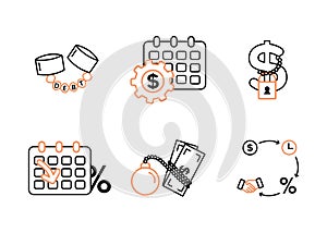 Finance. Vector illustration set of debt icons, debt restructuring