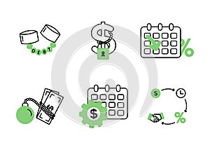 Finance. Vector illustration set of debt icons, debt restructuring