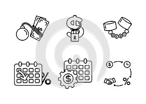 Finance. Vector illustration set of debt icons, debt restructuring