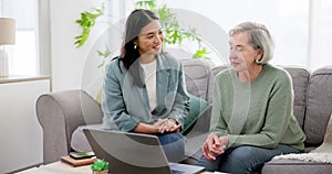 Finance, woman and senior with laptop and advice for life insurance, mortgage loan or retirement investment on sofa in
