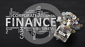 Finance Wordcloud With Money Savings In Jar, Black Background, Panorama