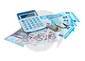Finances and econimics concept.Calculator with euro currency ban