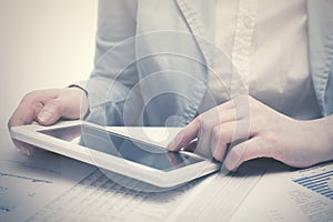 Financial accounting Business woman using digital tablet computer