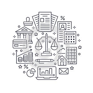 Financial accounting circle poster flat line icons. Bookkeeping brochure concept, tax optimization, firm accountant