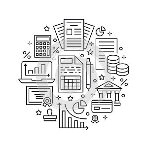 Financial accounting circle poster flat line icons. Bookkeeping brochure concept, tax optimization, firm accountant