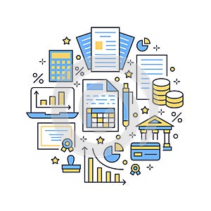 Financial accounting circle poster flat line icons. Bookkeeping brochure concept, tax optimization, firm accountant