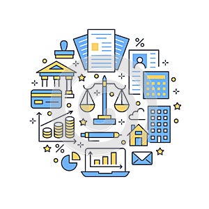 Financial accounting circle poster flat line icons. Bookkeeping brochure concept, tax optimization, firm accountant