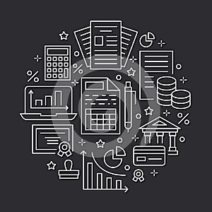 Financial accounting circle poster flat line icons. Bookkeeping brochure concept, tax optimization, firm accountant