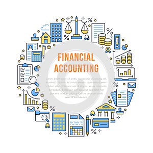 Financial accounting circle poster with flat line icons. Bookkeeping brochure concept, tax optimization loan, payroll