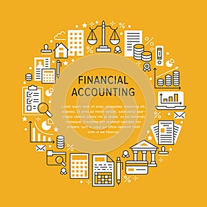 Financial accounting circle poster with flat line icons. Bookkeeping brochure concept, tax optimization, loan, payroll