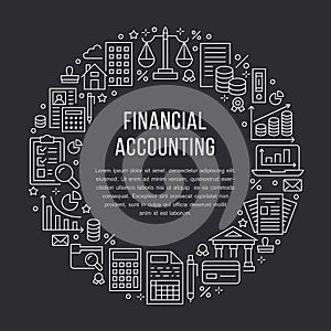 Financial accounting circle poster with flat line icons. Bookkeeping brochure concept, tax optimization, loan, payroll