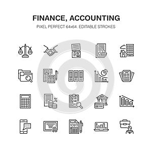 Financial accounting flat line icons. Bookkeeping, tax optimization, firm, accountant outsourcing, payroll, real estate